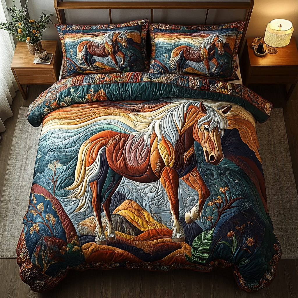 Golden Mane quilted 3-piece bedding set on a made bed with two matching pillow shams