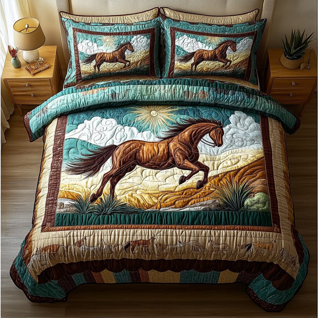 Golden Mane quilted 3-piece bedding set on a made bed with two matching pillow shams