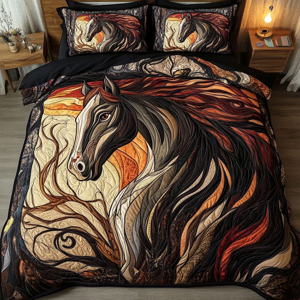 Golden Mane quilted 3-piece bedding set on a made bed with two matching pillow shams