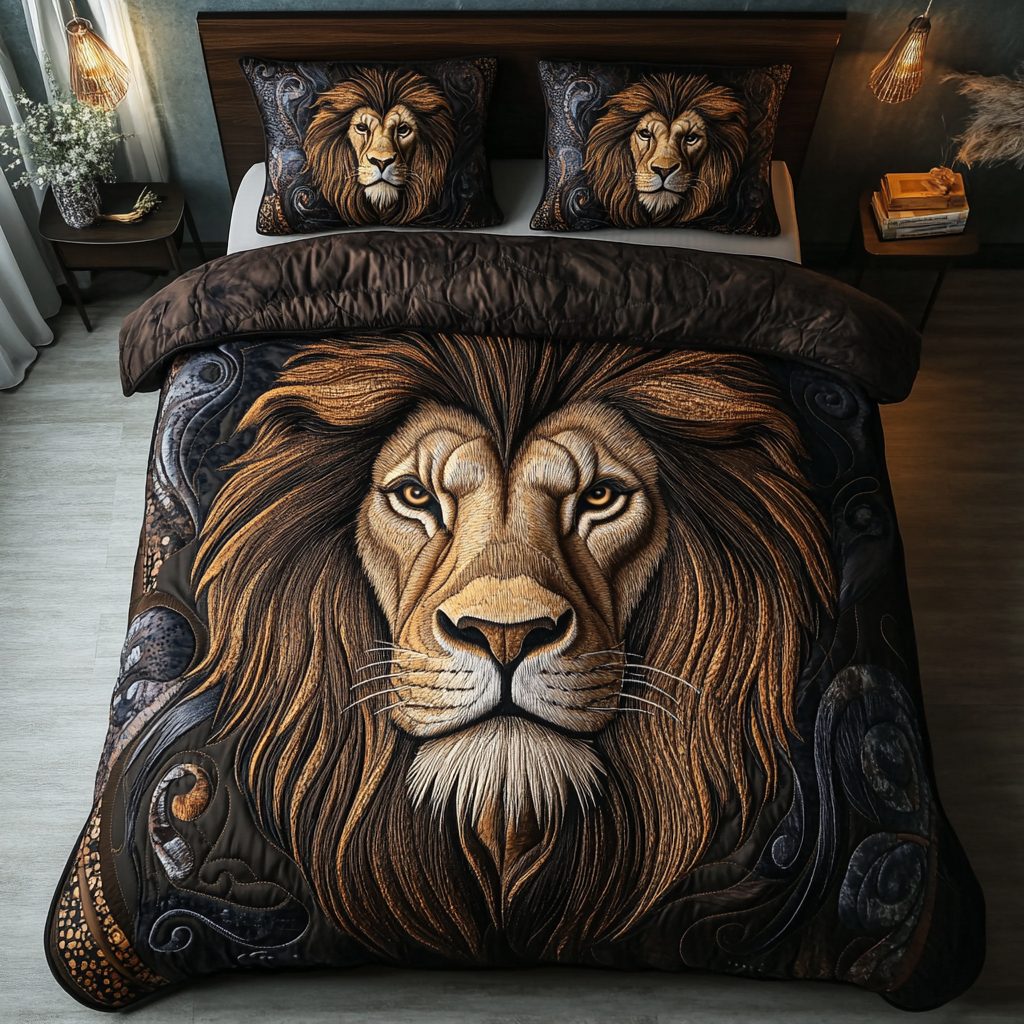 Golden Mane quilted 3-piece bedding set on a made bed with two matching pillow shams