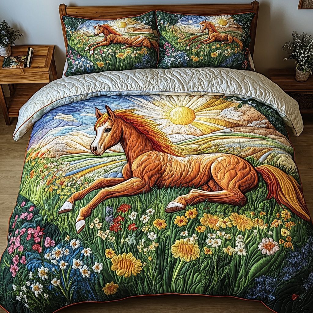Golden Mane quilted 3-piece bedding set on a made bed with two matching pillow shams