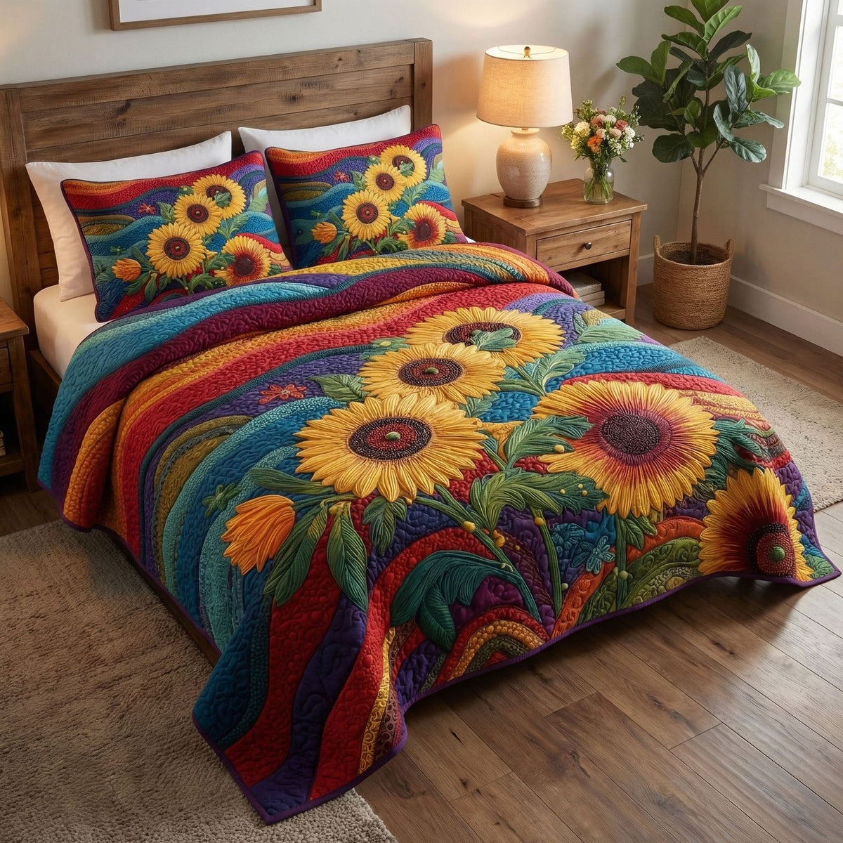 Golden Meadow Glow quilted 3-piece bedding set on a made bed with two matching pillow shams