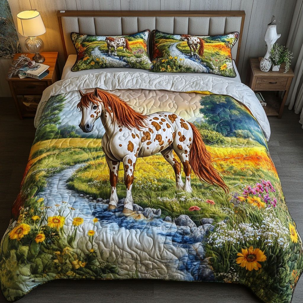 Golden Meadow quilted 3-piece bedding set on a made bed with two matching pillow shams