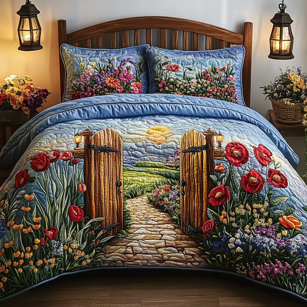 Golden Meadow quilted 3-piece bedding set on a made bed with two matching pillow shams