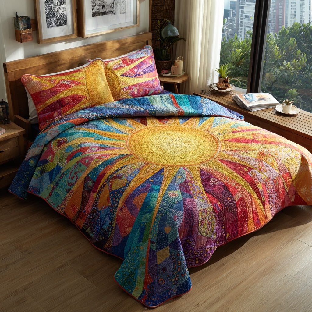 Golden Meadow quilted 3-piece bedding set on a made bed with two matching pillow shams