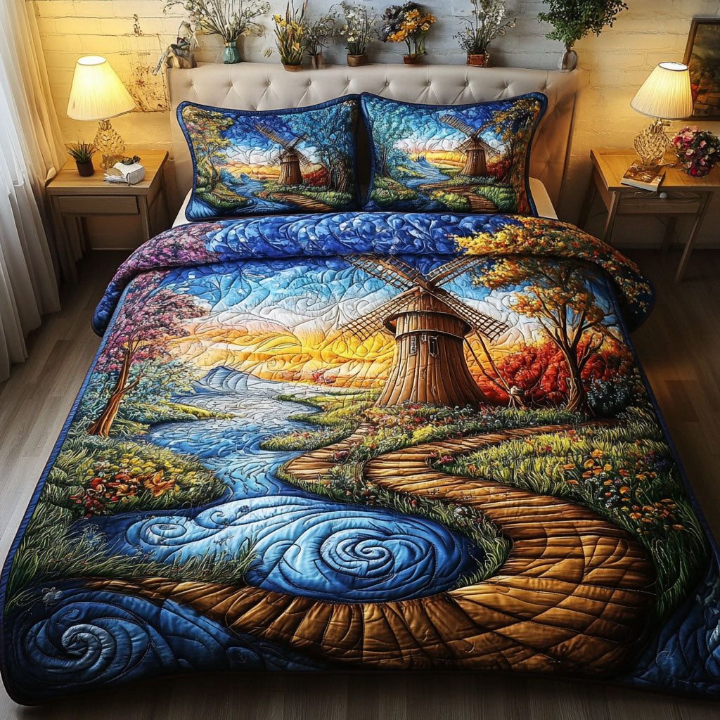 Golden Meadows quilted 3-piece bedding set on a made bed with two matching pillow shams