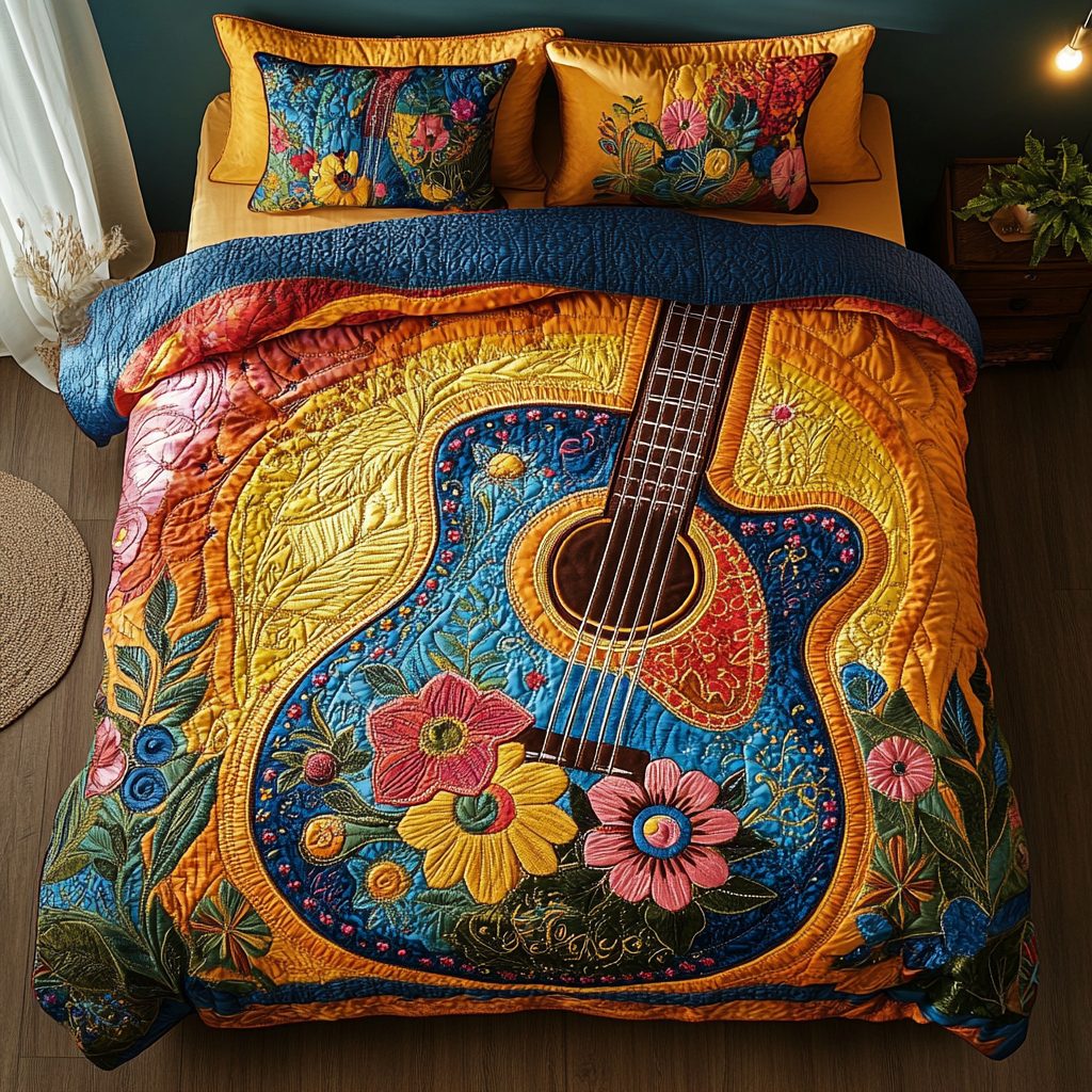 Golden Melody quilted 3-piece bedding set on a made bed with two matching pillow shams