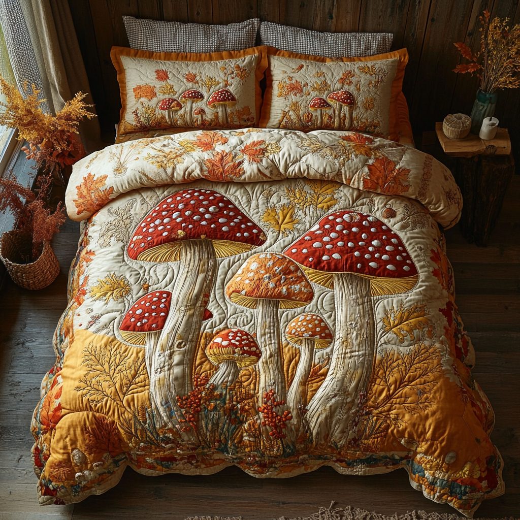 Golden Mushroom quilted 3-piece bedding set on a made bed with two matching pillow shams