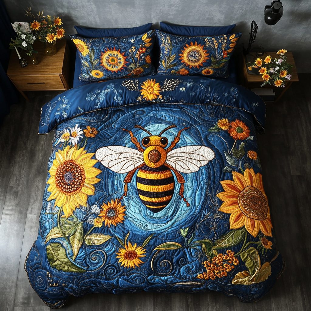 Golden Nectar quilted 3-piece bedding set on a made bed with two matching pillow shams