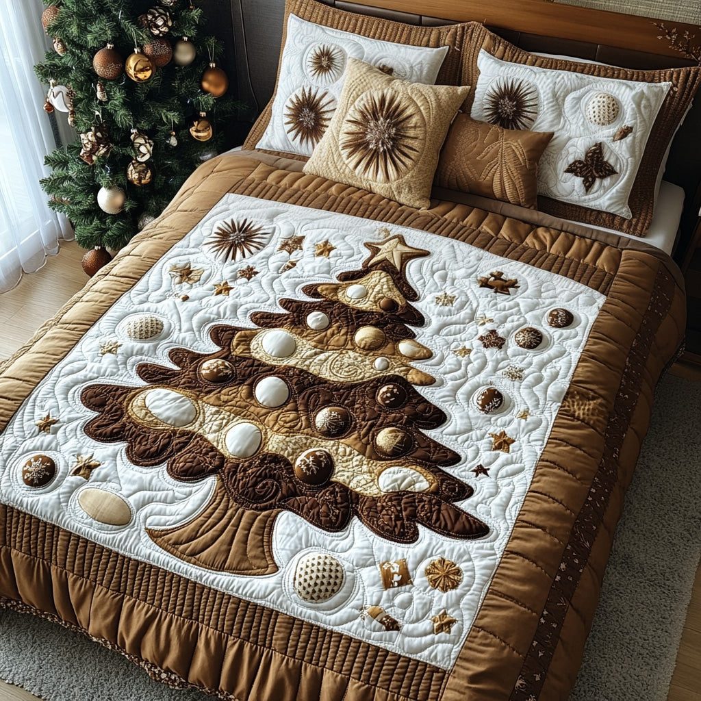 Golden Noel quilted 3-piece bedding set on a made bed in a winter-styled bedroom