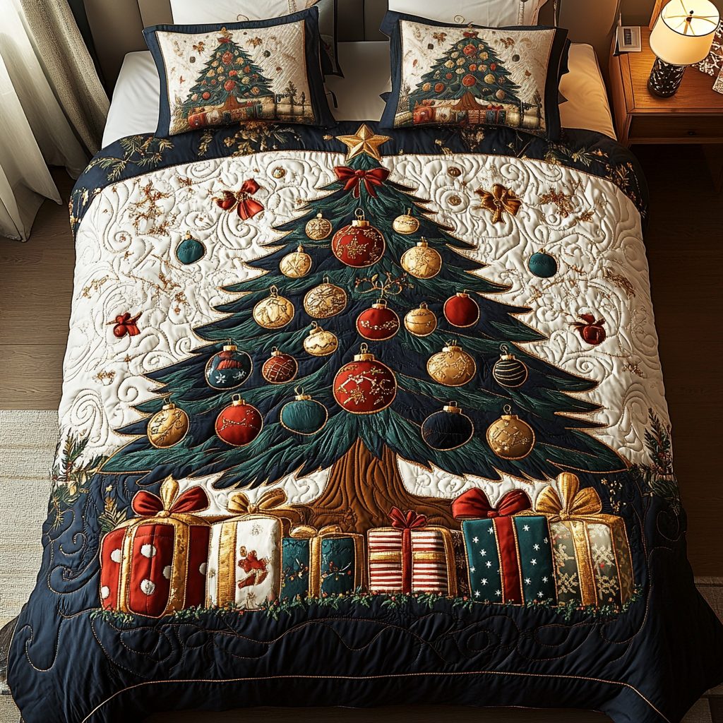 Golden Noel quilted 3-piece bedding set on a made bed in a winter-styled bedroom