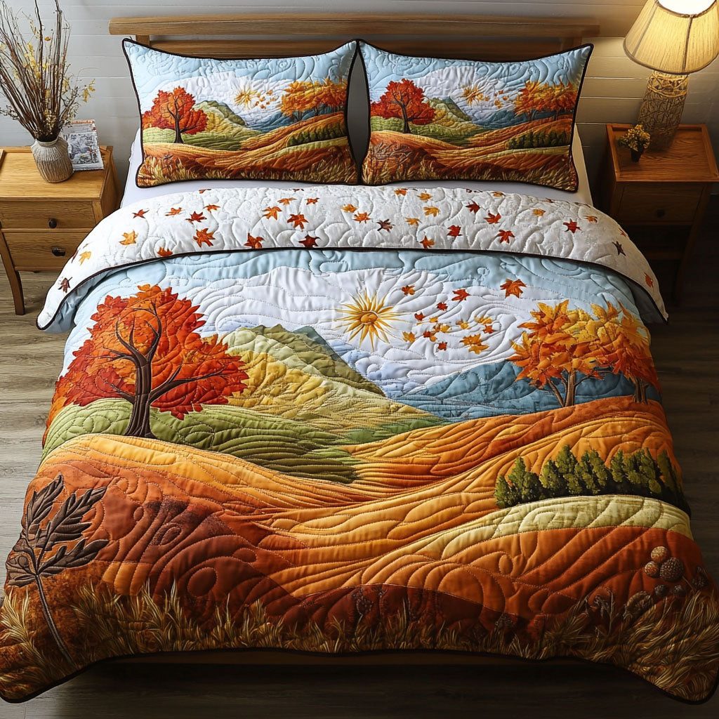 Golden Orchard quilted 3-piece bedding set on a made bed with two matching pillow shams