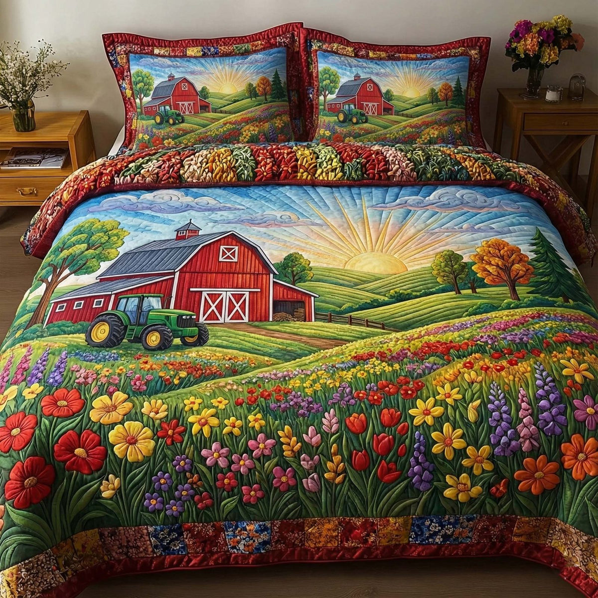 Golden Pasture quilted 3-piece bedding set on a made bed with two matching pillow shams