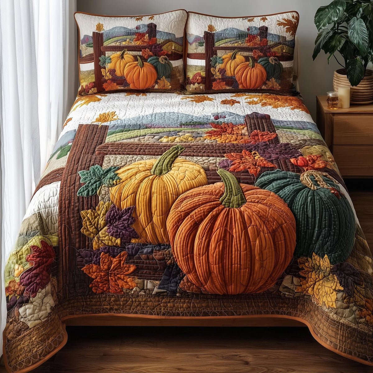 Golden Patch quilted 3-piece bedding set on a made bed with two matching pillow shams
