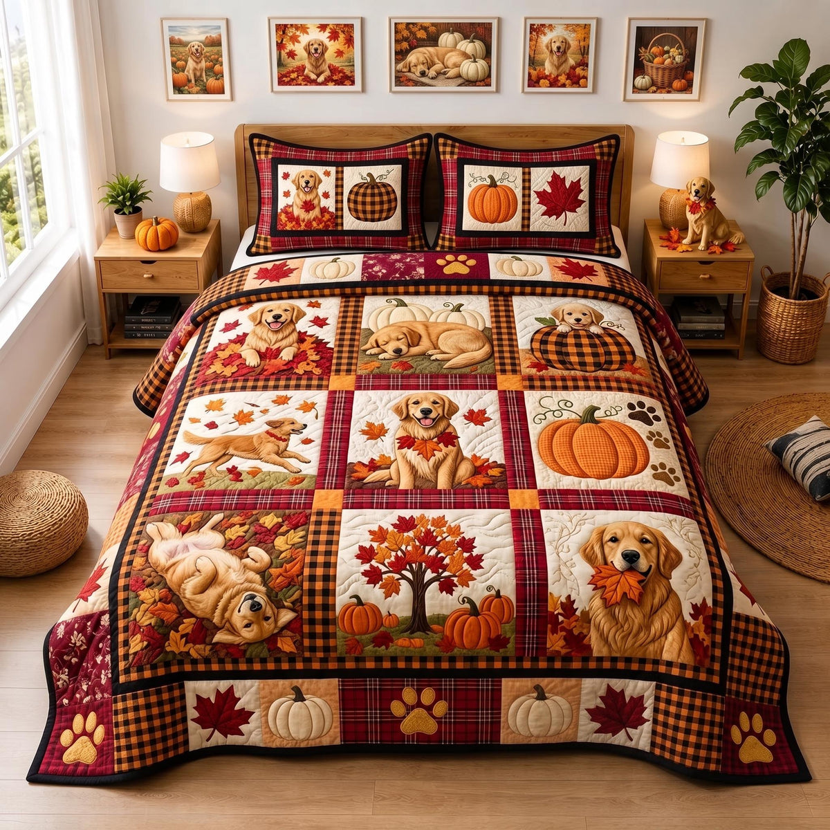 Golden Patchwork quilted 3-piece bedding set on a made bed in a farmhouse bedroom