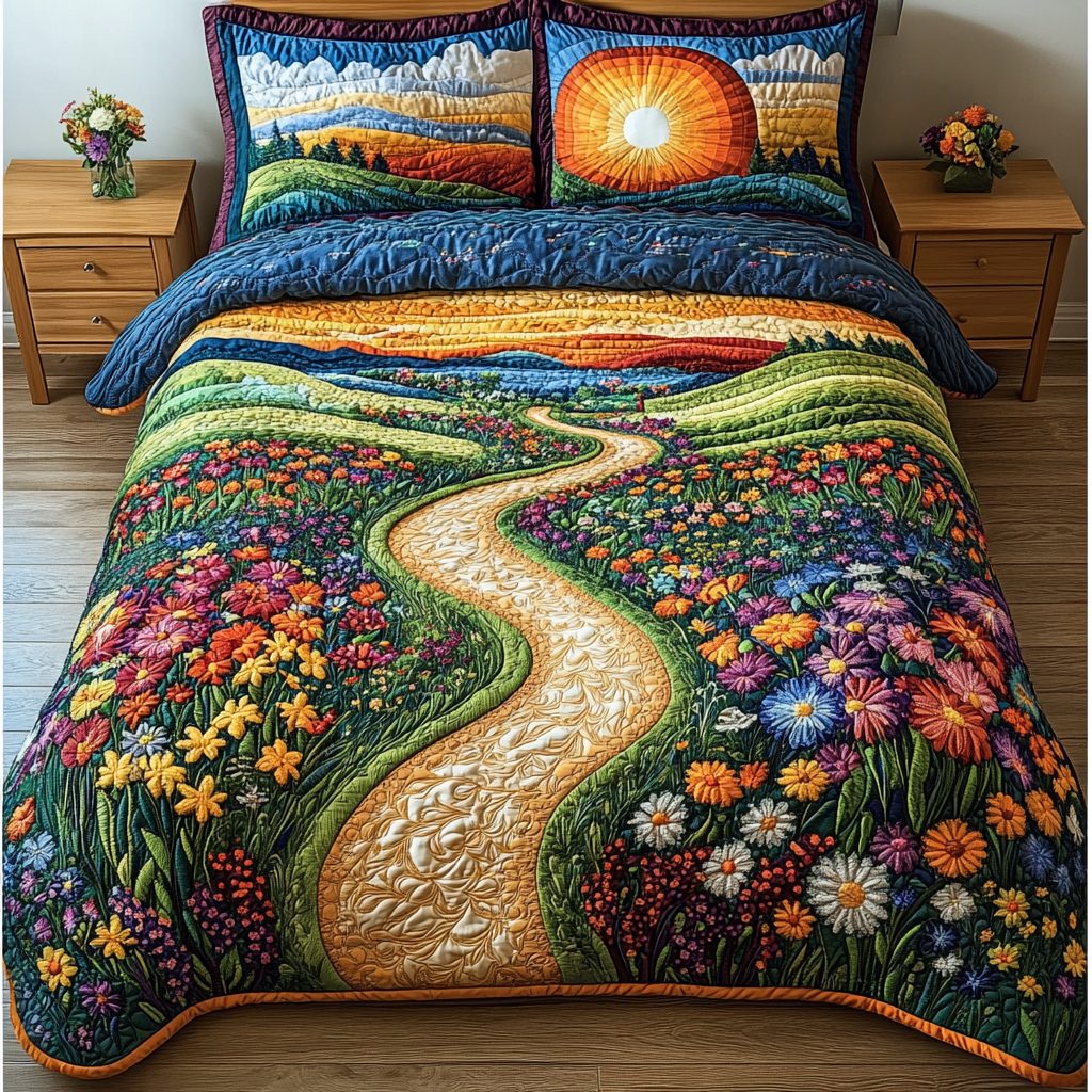 Golden Pathway quilted 3-piece bedding set on a made bed with two matching pillow shams