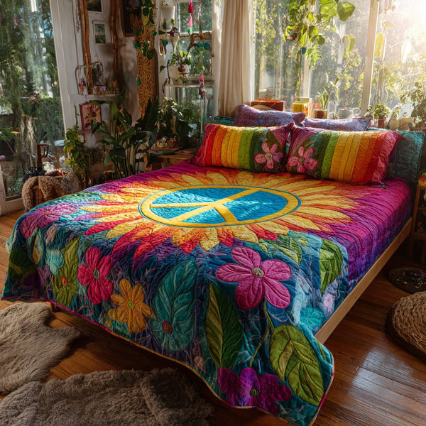 Golden Peace quilted 3-piece bedding set on a made bed with two matching pillow shams