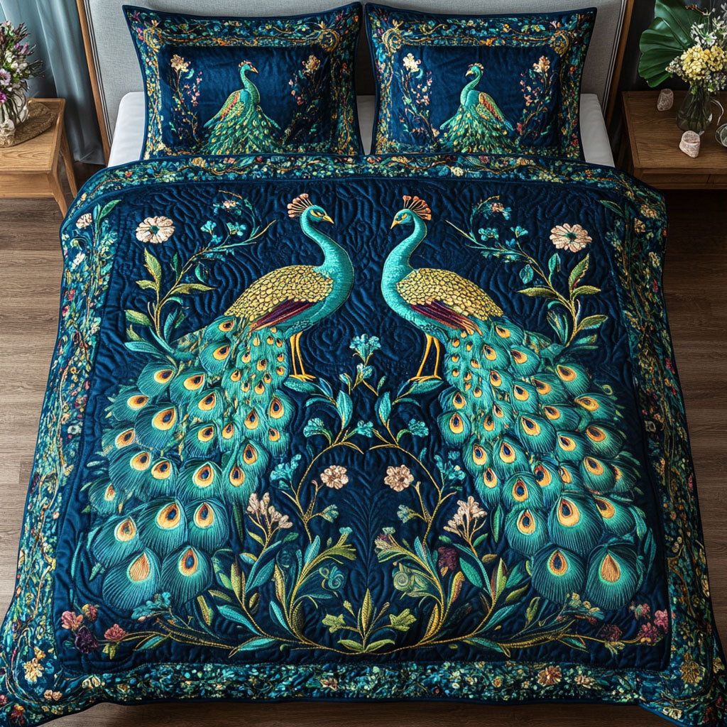 Golden Peacocks quilted 3-piece bedding set on a made bed with two matching pillow shams