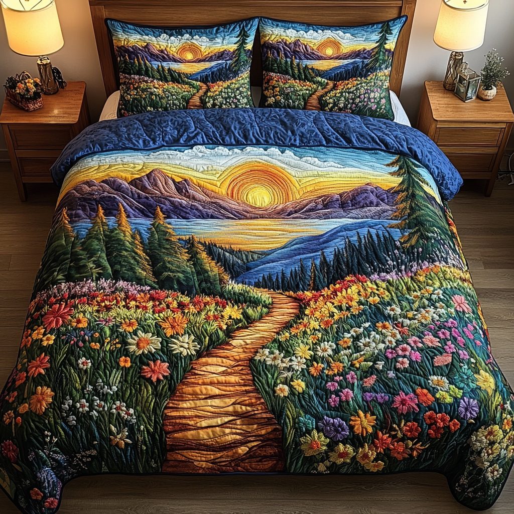 Golden Peaks quilted 3-piece bedding set on a made bed with two matching pillow shams