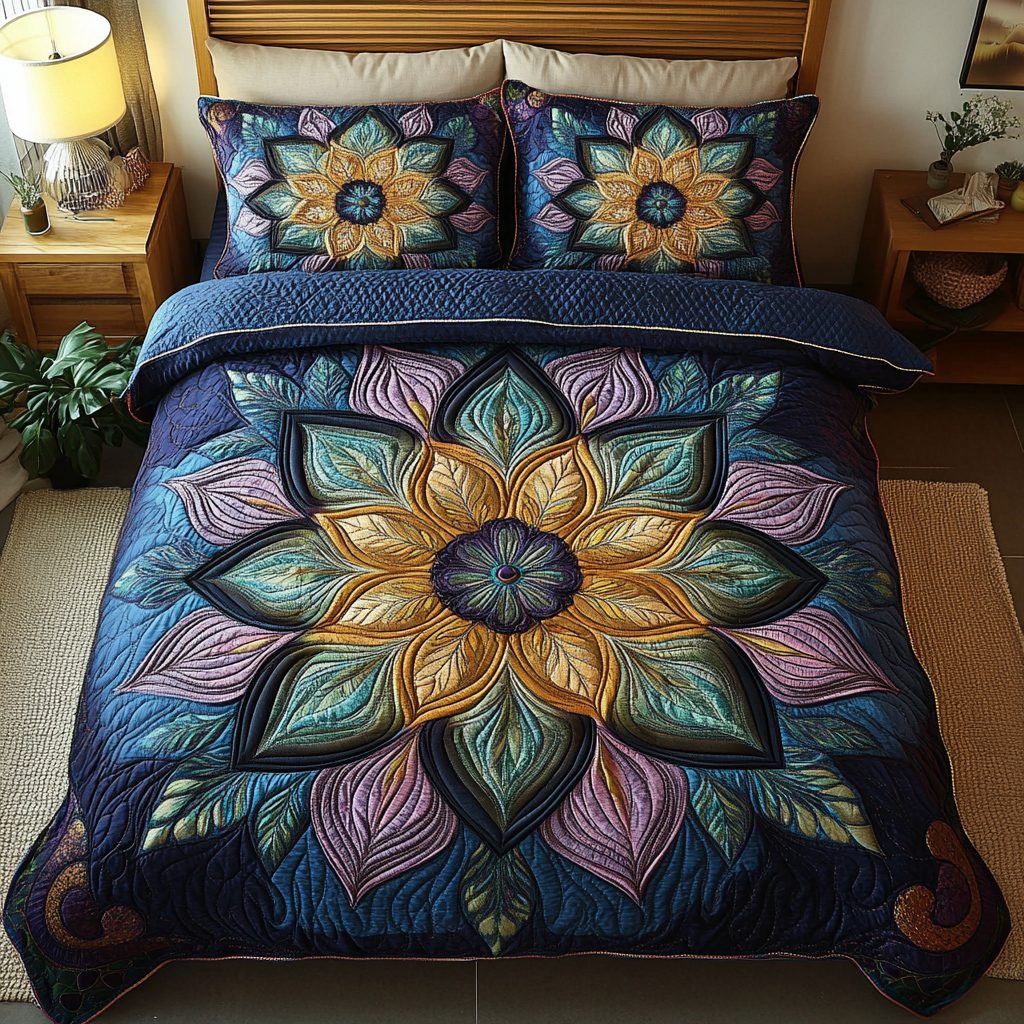 Golden Petal Glow quilted 3-piece bedding set on a made bed with two matching pillow shams
