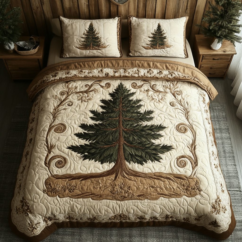 Golden Pine quilted 3-piece bedding set on a made bed with two matching pillow shams
