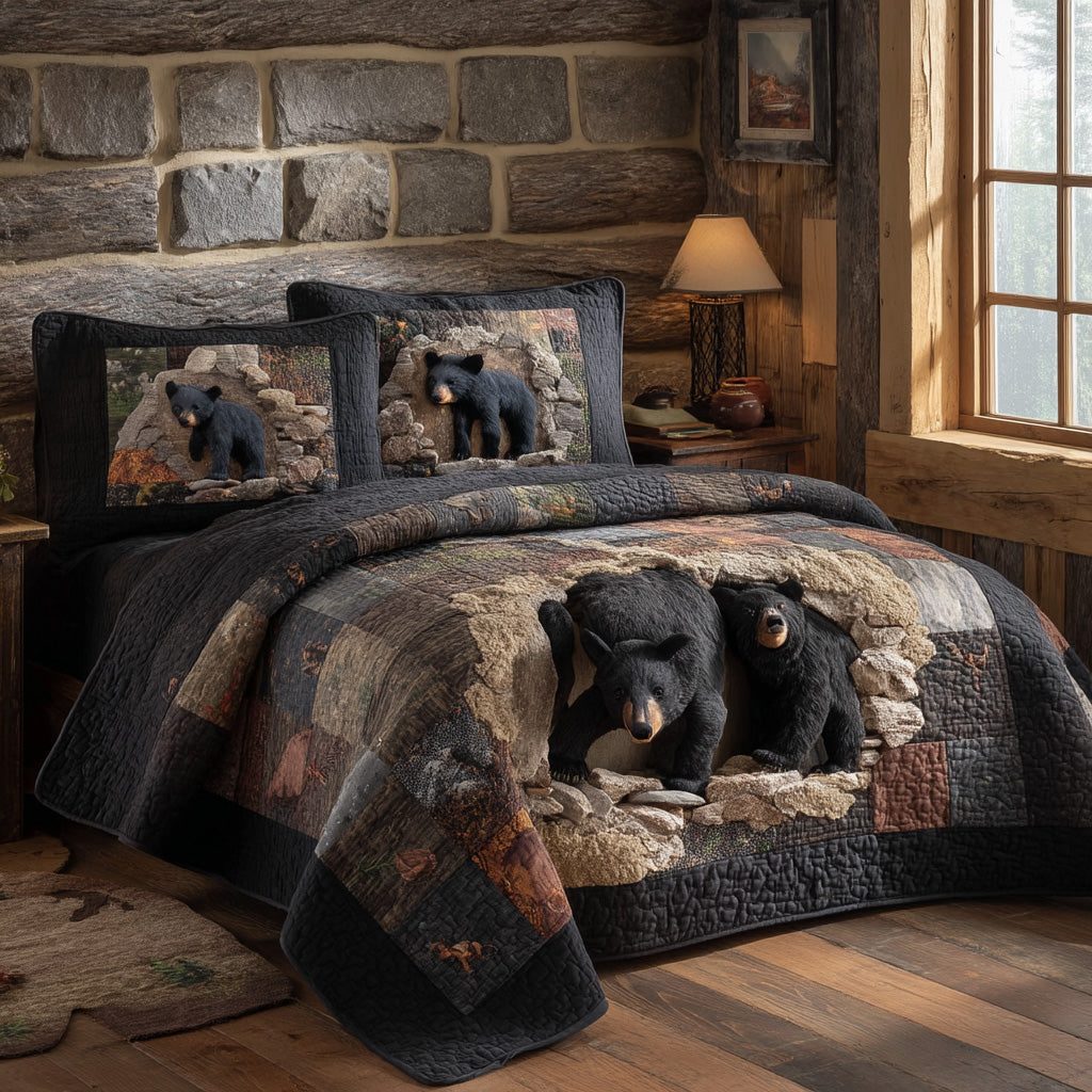 Golden Pines Black Bear quilted 3-piece bedding set on a made bed with two matching pillow shams