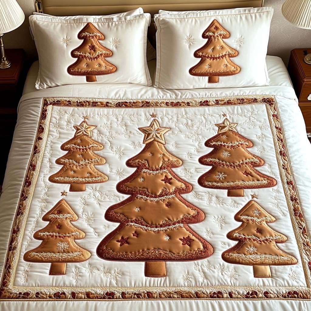 Golden Pines Charm quilted 3-piece bedding set on a made bed with two matching pillow shams
