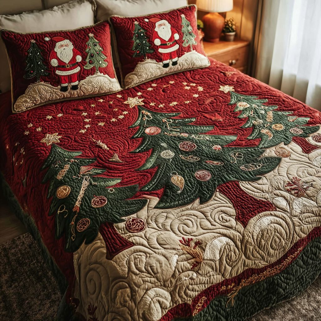 Golden Pines quilted 3-piece bedding set on a made bed with two matching pillow shams
