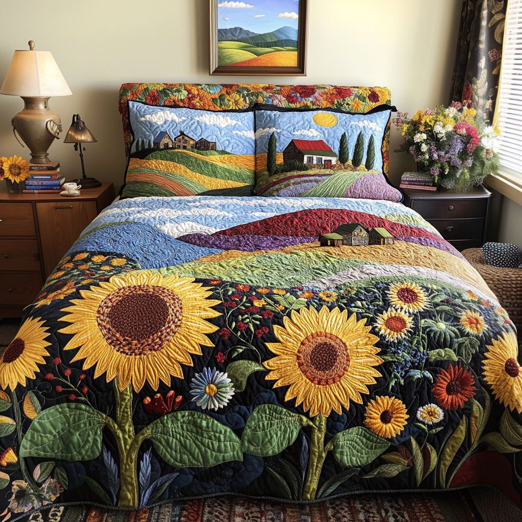 Golden Plains quilted 3-piece bedding set on a made bed with two matching pillow shams