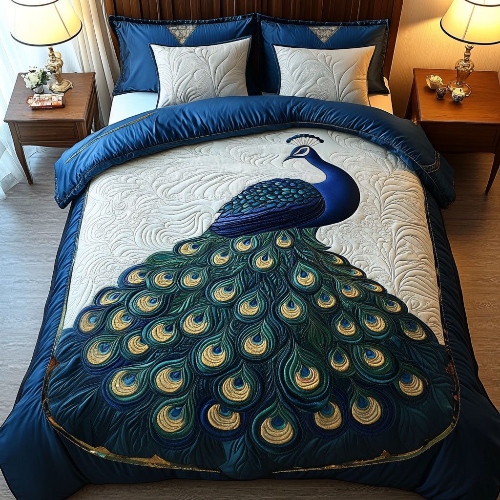 Golden Plumage Grace quilted 3-piece bedding set on a made bed with two matching pillow shams