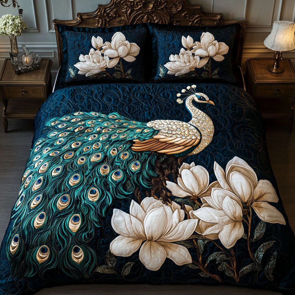 Golden Plumage quilted 3-piece bedding set on a made bed with two matching pillow shams
