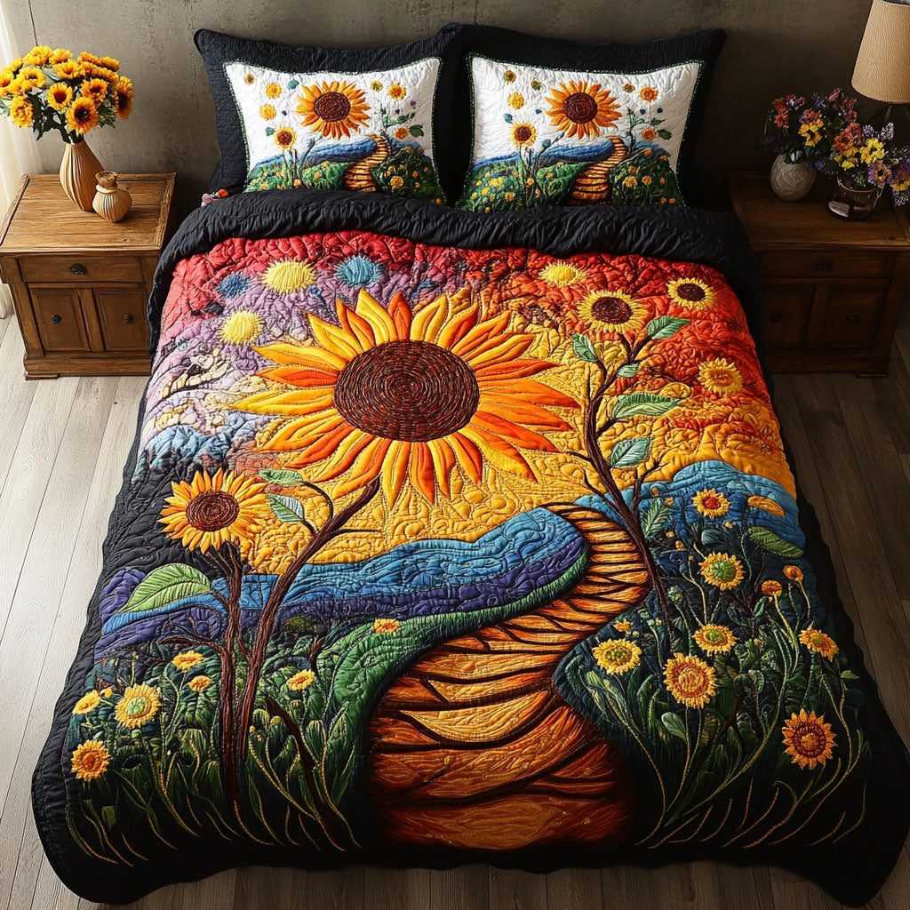 Golden Prairie quilted 3-piece bedding set on a made bed in a rustic timber bedroom