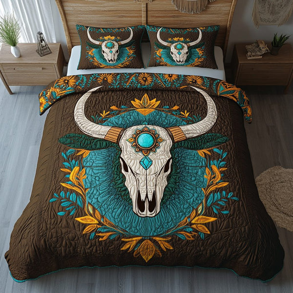 Golden Prairie Spirit quilted 3-piece bedding set on a made bed in a rustic timber bedroom