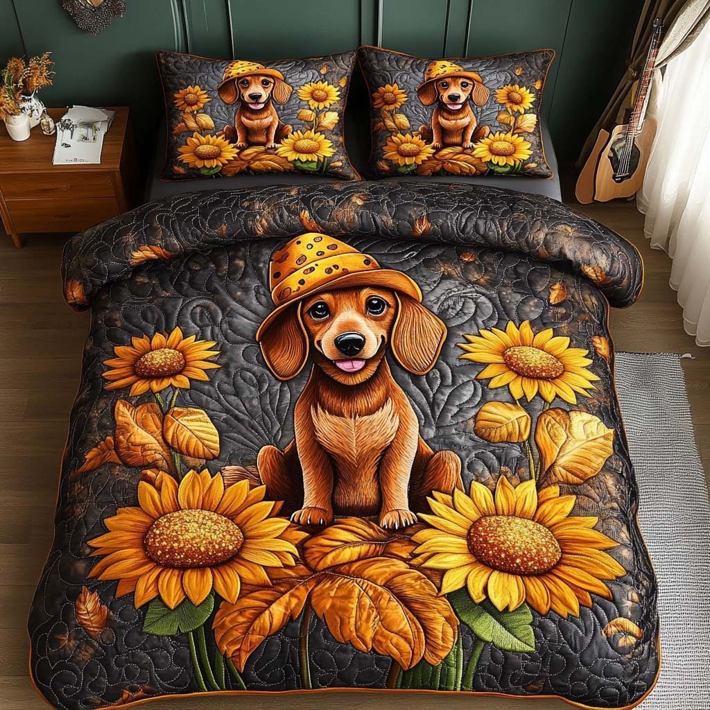 Golden Pup quilted 3-piece bedding set on a made bed with two matching pillow shams