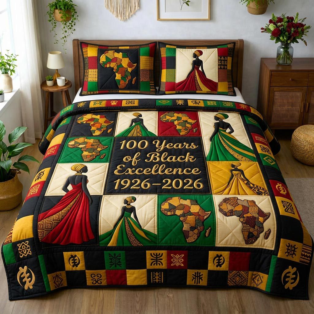 Golden Queen quilted 3-piece bedding set on a made bed with two matching pillow shams