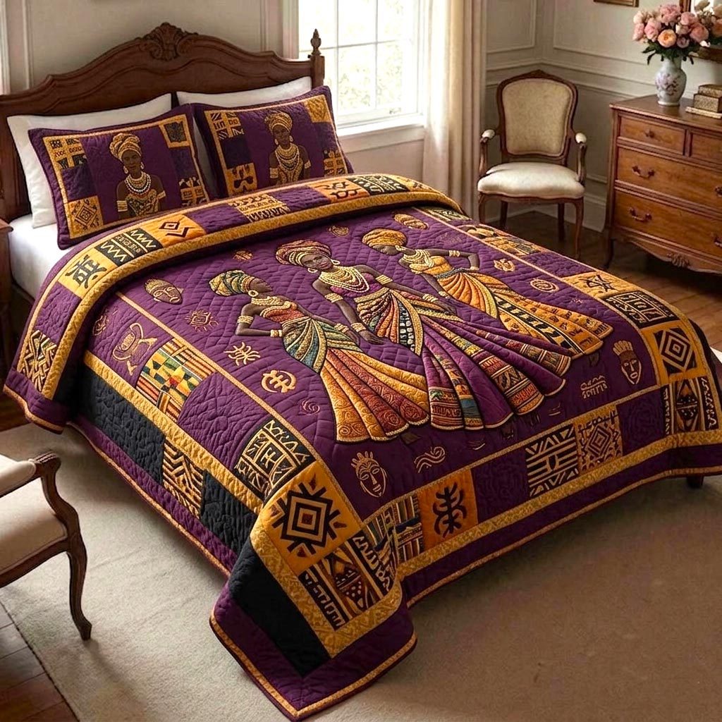 Golden Queen quilted 3-piece bedding set on a made bed with two matching pillow shams