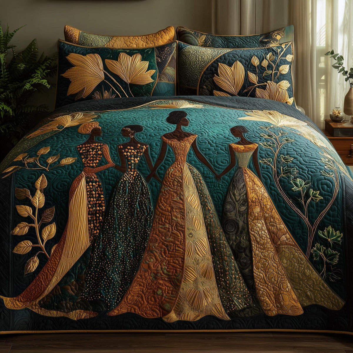 Golden Queens quilted 3-piece bedding set on a made bed with two matching pillow shams
