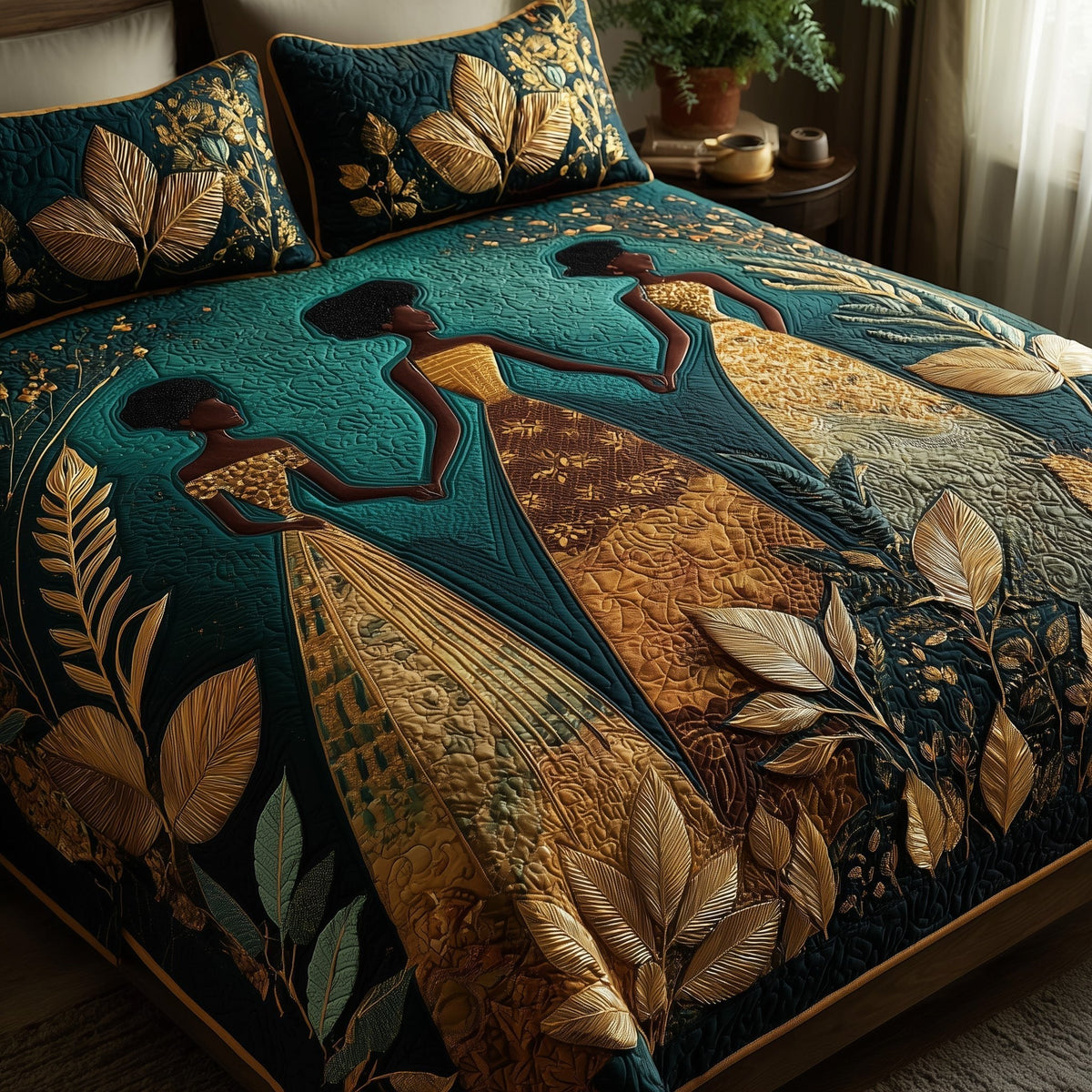 Golden Queens quilted 3-piece bedding set on a made bed with two matching pillow shams
