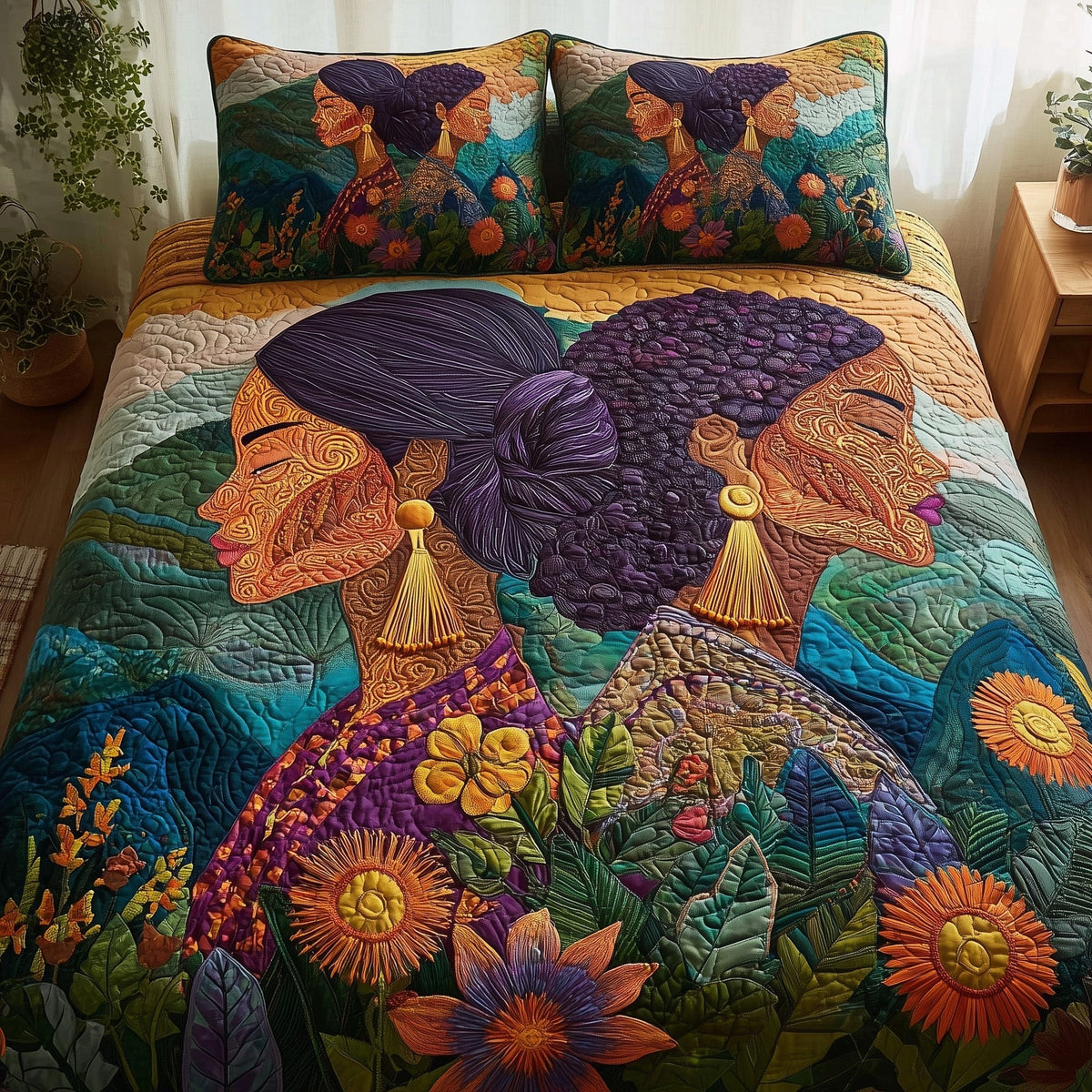 Golden Queens quilted 3-piece bedding set on a made bed with two matching pillow shams