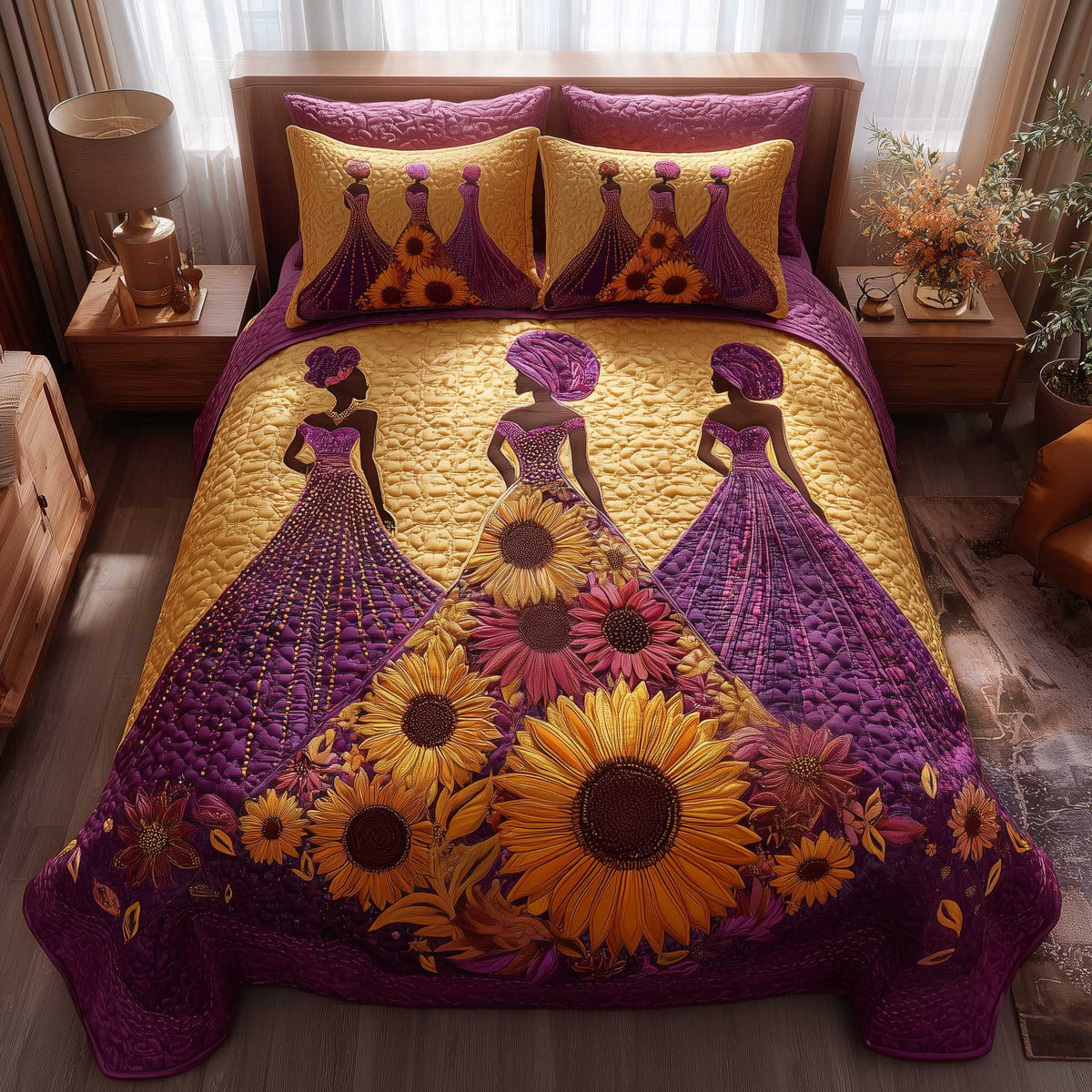 Golden Queens quilted 3-piece bedding set on a made bed with two matching pillow shams