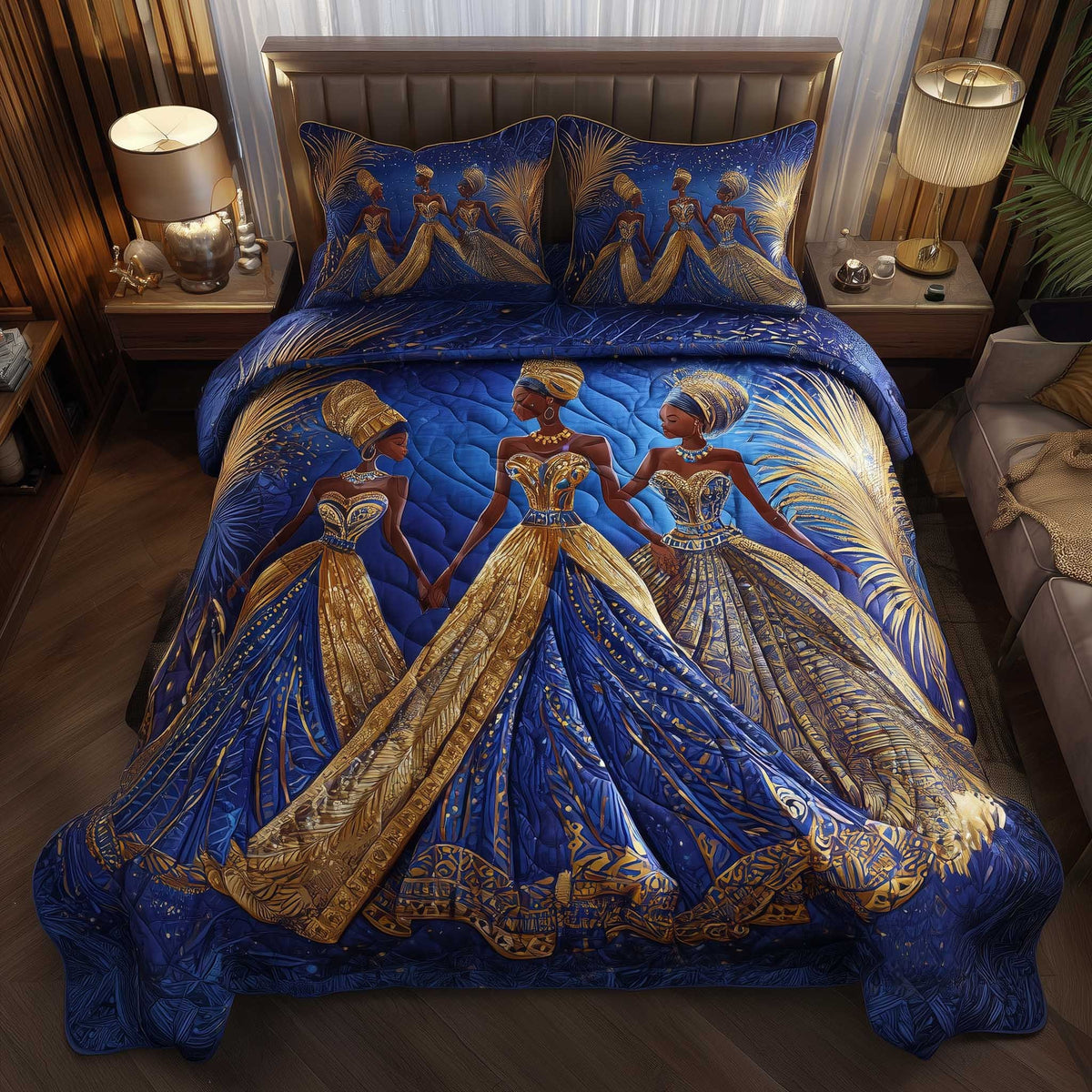 Golden Queens quilted 3-piece bedding set on a made bed with two matching pillow shams