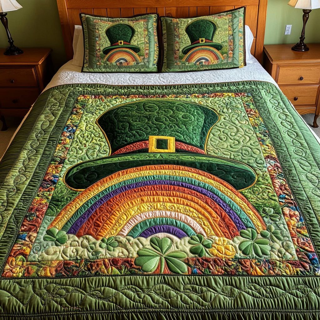 Golden Rainbow quilted 3-piece bedding set on a made bed with two matching pillow shams