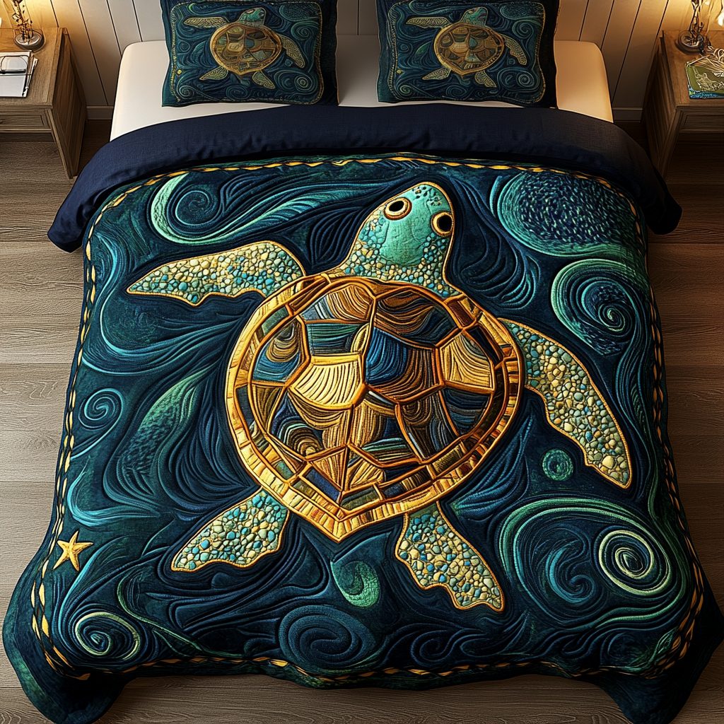 Golden Reef quilted 3-piece bedding set on a made bed in a light coastal bedroom
