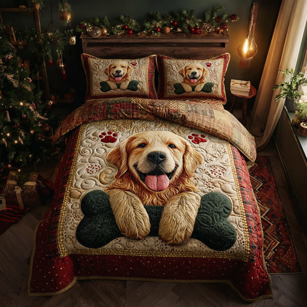 Golden Retriever Glee quilted 3-piece bedding set on a made bed with two matching pillow shams