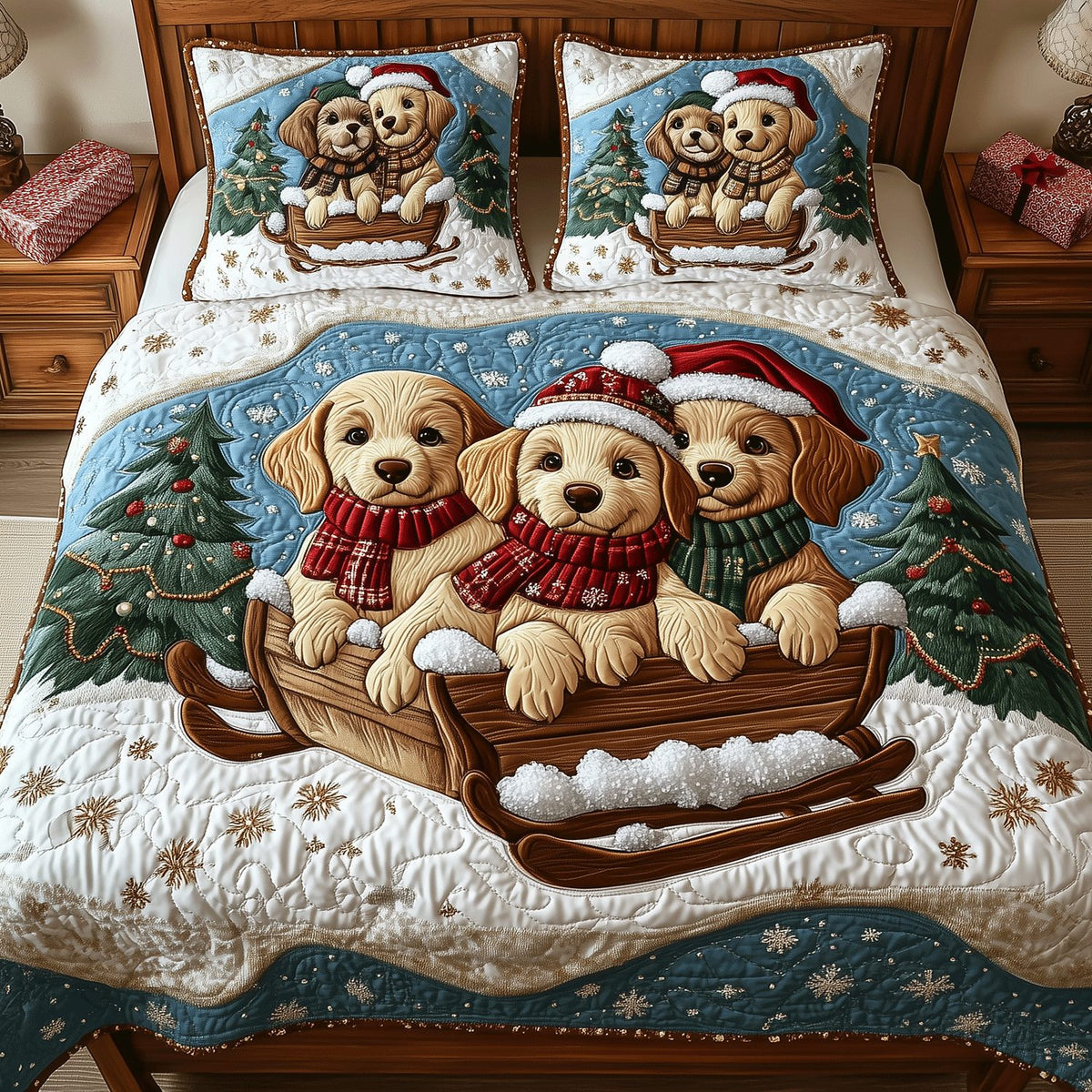 Golden Retriever Magic quilted 3-piece bedding set on a made bed with two matching pillow shams