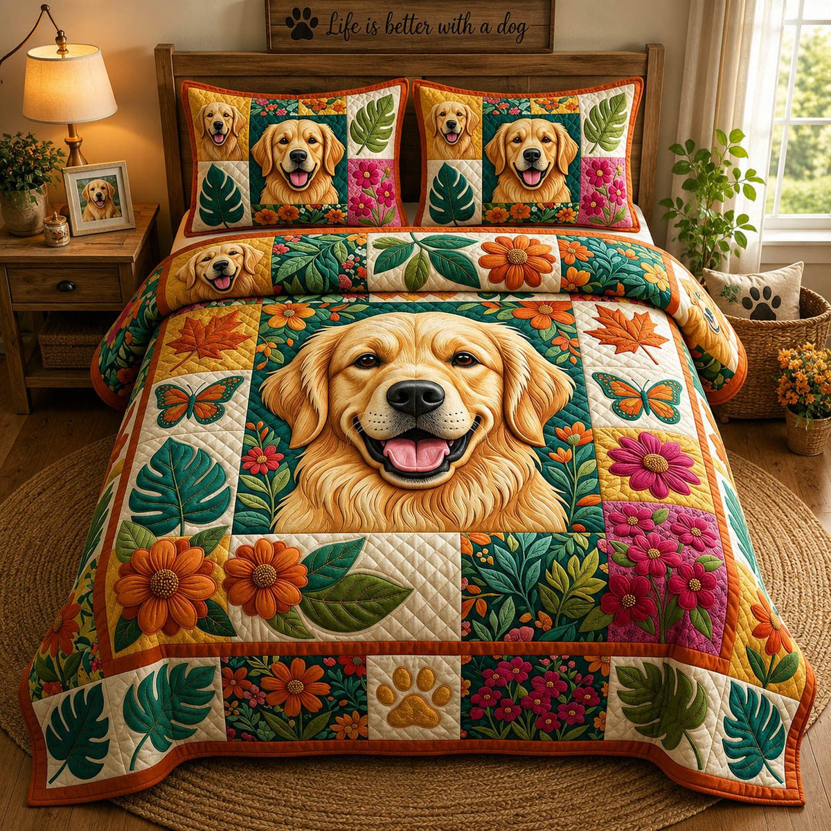 Golden Retriever quilted 3-piece bedding set on a made bed with two matching pillow shams