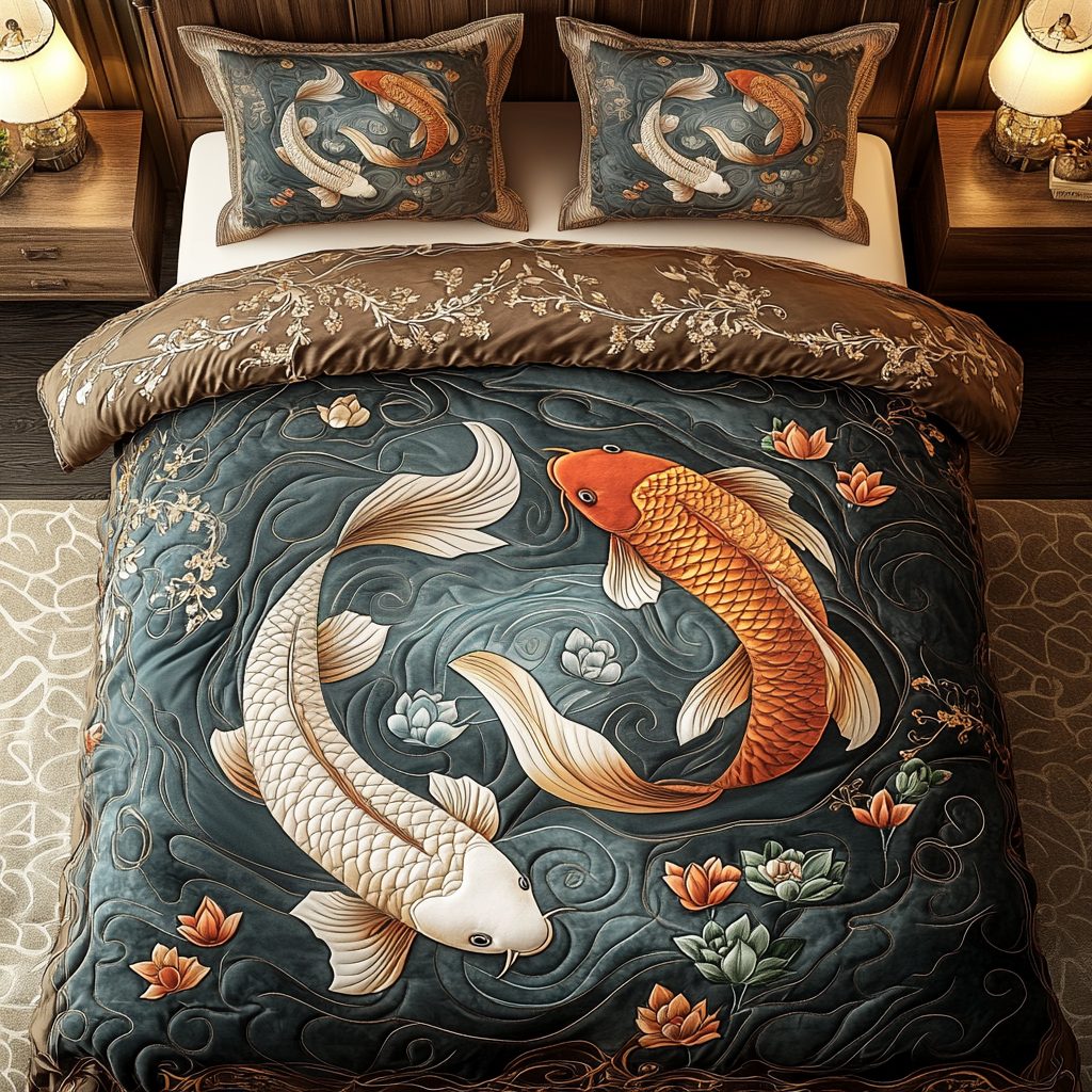 Golden Ripple quilted 3-piece bedding set on a made bed with two matching pillow shams