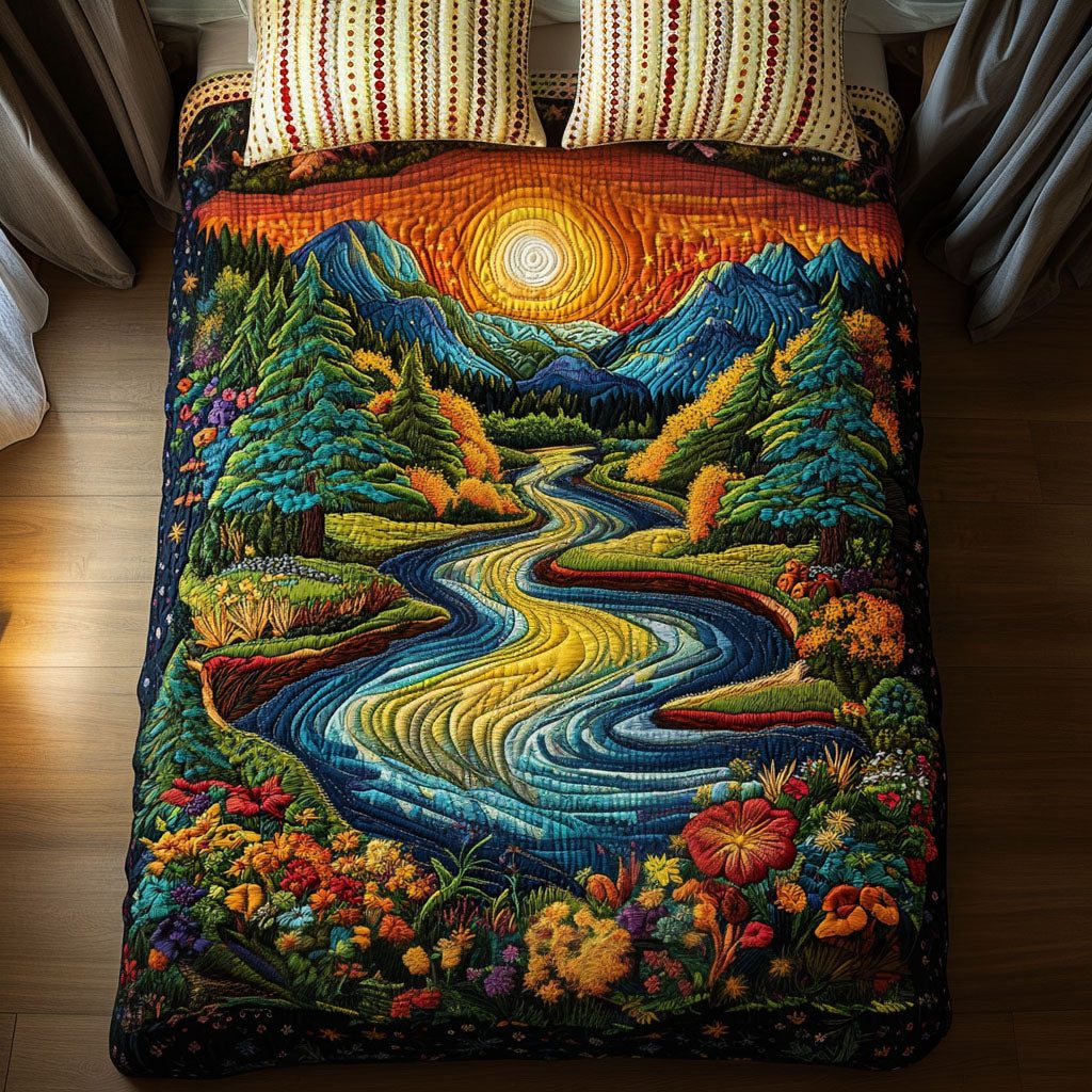 Golden River quilted 3-piece bedding set on a made bed with two matching pillow shams