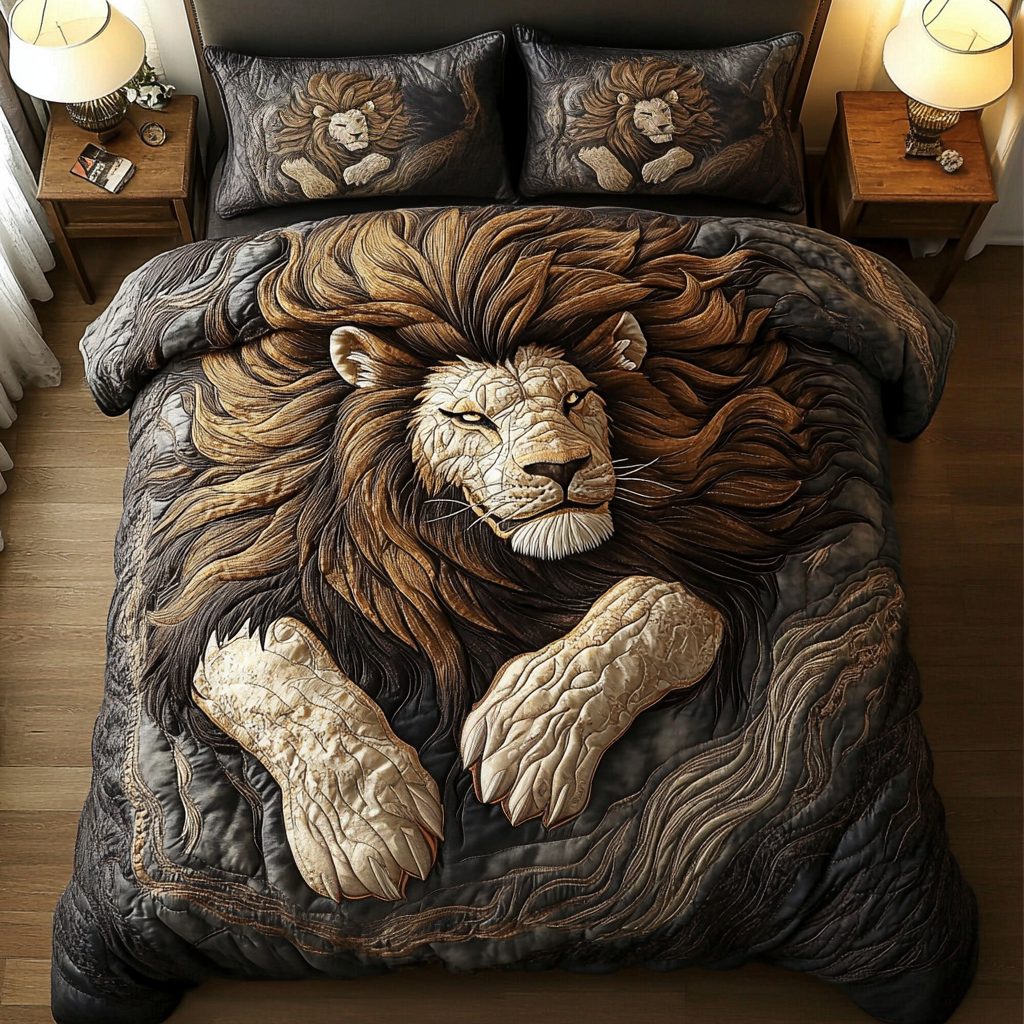 Golden Roar quilted 3-piece bedding set on a made bed with two matching pillow shams