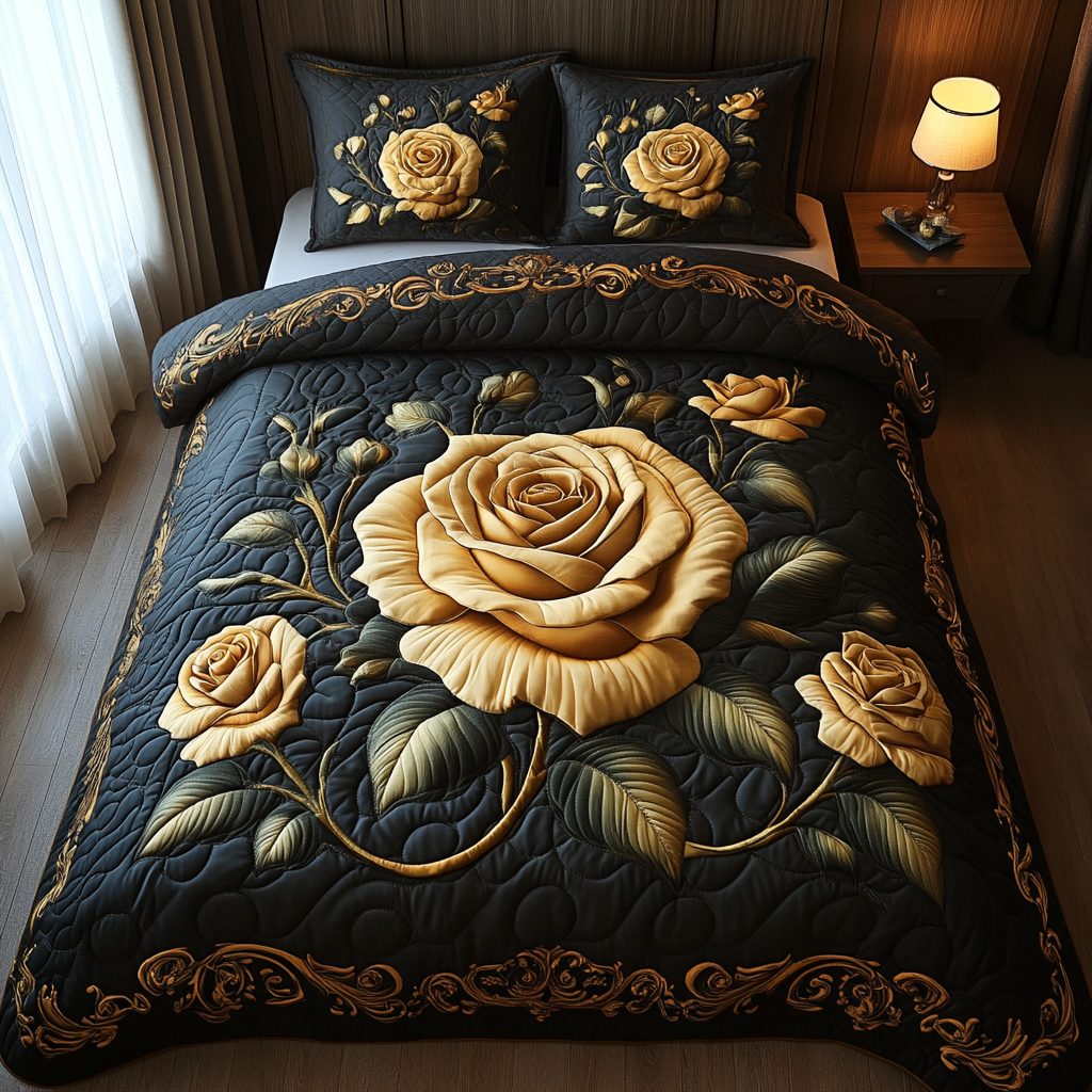 Golden Roses Glow quilted 3-piece bedding set on a made bed with two matching pillow shams